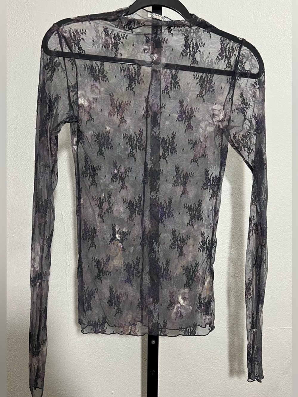 Free People Lady Lux Layering Sheer Black Floral Mesh Long-Sleeve Top M - Picture 6 of 8